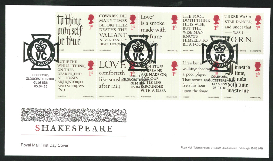 2016 - Shakespeare First Day Cover - V C Coleford Gloucestershire Postmark